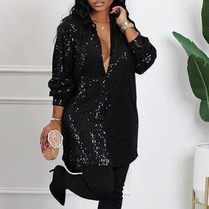 Women's Sequin Button Down Shirt Dress Long Sleeve